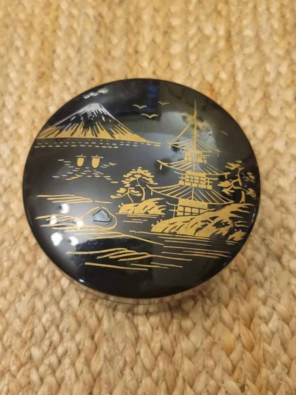 Vintage set of Japanese Black Lacquerware Coasters Featuring Mt. Fuji